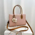 Pink canvas small square handbag with brown handle and chic casual women crossbody bag. - With Charm / Pink