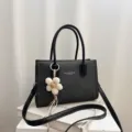 Korean style black leather small square bag commuter crossbody handbag with flower charm. - With Charm / Black