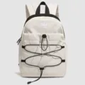 Casual beige lightweight backpack with front bungee cord and black straps for outdoor travel. - Cream