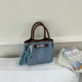 Vintage denim bucket bag women summer casual stylish shoulder crossbody handbags - With Pendant / Brown