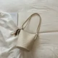 Korean vintage woven bucket bag for women, stylish summer shoulder messenger bag with beads. - With Pendant / White