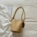 Woven Bucket Bag Retro Shoulder Crossbody Bag Tan PU Leather Casual Handbag for Women - With Pendant / Yellow