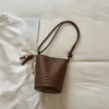 Brown Woven Bucket Bag PU Leather Shoulder Crossbody Bag with Bead Pendant Summer Style - With Charm / Brown