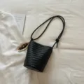 Black woven bucket bag women shoulder crossbody bag stylish vintage casual handbag - With Charm / Black