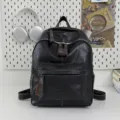 Black vintage leather backpack, stylish retro school bag for women and casual daily commute travel. - No Pendant / Black