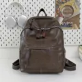 Vintage brown PU leather backpack for women, stylish school bag and casual travel daypack. - No Pendant / Brown