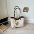 Canvas tote bag with brown handles and cute puppy keychain, stylish large capacity shoulder bag. - With Charm / Beige
