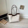 Large capacity canvas tote bag with brown leather trim, casual shoulder handbag for daily use. - No Pendant / Beige
