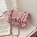 Pink Quilted Chain Crossbody Bag for Women Elegant Bow Shoulder Handbag PU Leather - Pink