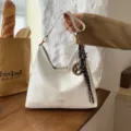 White hobo shoulder bag casual chic PU leather bucket bag stylish commuter handbag - With Pendant / Off White