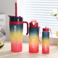 Verloop plastic waterfles set, grote capaciteit koppel bekers met rietje en draagbaar touw. - 1200ml/800ml/300ml / Rode Handvat