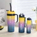 Verloop kunststof waterfles set, kleurrijke draagbare beker variant met handvat en rietje. - 1200ml/800ml/300ml / Donkerblauwe Handvat