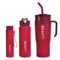 Set of 3 red plastic water bottles and straw tumblers with portable strap, daily use. - Dark Red