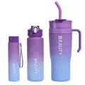 Set van verloop paarse plastic waterfles met rietje handvat en draagband voor sport. - Paars