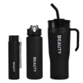 Zwarte waterfles set minimalistische draagbare sportbeker met rietje en handvat - Zwart