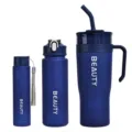Blauwe plastic waterfles set, grote sportbekers met rietje en handvat voor dagelijks gebruik. - Marineblauw