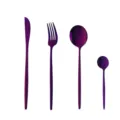 Stainless steel cutlery set, modern purple flatware including knife, fork, and spoons. - Purple