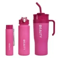 Pink water bottle set with straw and strap, portable plastic drinkware in three capacity styles. - Rose Red