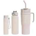 Minimalist plastic water bottle set with straw and handle, elegant beige design for daily use. - Off White