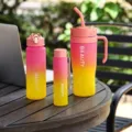 Gradient plastic sports water bottle set with straw and handle for outdoor daily use. - Bright Pink