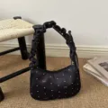 Chic polka dot crescent shoulder bag with pleated scrunchie handle for women summer style. - Black