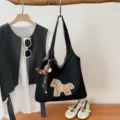 Sac cabas noir en toile pour femme, grand sac épaule fourre-tout avec pendentif cheval. - Avec Pendentif / Noir