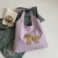 Sac cabas en toile violette avec patch cheval et lanière à carreaux, grand sac bandoulière. - Sans pendentif / Violet