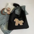 Sac cabas en toile noire pour femme, sac à épaule décontracté avec joli design de cheval. - Sans pendentif / Noir