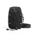 Black grid outdoor chest bag crossbody backpack featuring strap and bungee cord design. - Black