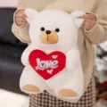 Cute white teddy bear plush toy holding a red heart with love print, soft gift doll for kids. - White / 25cm