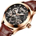 Herren automatik mechanische Uhr Skelett Zifferblatt Roségold Gehäuse braunes Lederarmband - Roségold