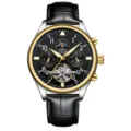 KINYUED automatik mechanische Herrenuhr schwarzes Zifferblatt Lederarmband Business Stil - Bicolor Schwarz