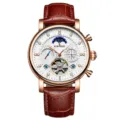 Heren automatisch mechanisch horloge met bruine lederen band, skeleton wijzerplaat en maanfase. - Roségoud Kast + Witte Wijzerplaat + Bruine Band