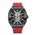 KNORVS Herren Automatik Mechanische Uhr Tonneau Rotes Kautschukarmband Skelett Zifferblatt - Schwarz Rot