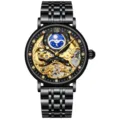 KINYUED automatische mechanische Herrenuhr, schwarzes goldenes Skelett-Zifferblatt. - Schwarzes Gehäuse + Goldnes Uhrwerk Schwarzes Zifferblatt + Schwarzes Armband