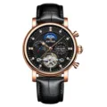 Kinyued Reloj Mecánico Automático para Hombre Caja Oro Rosa Esfera Negra Correa Piel - Caja Oro Rosa + Esfera Negra + Correa Negra