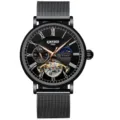 Herren Automatikuhr schwarzes Edelstahl Mesh Armband luxuriöse Business mechanische Uhr - Geschenkbox / Ganz schwarze Oberfläche