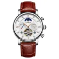 KINYUED Heren Automatisch Mechanisch Horloge Tourbillon Leren Band Waterdicht - Zilveren Kast + Witte Wijzerplaat + Bruine Band