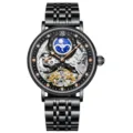 KINYUED Herren Automatikuhr Skelett Schwarzer Edelstahl Luxus Business Armbanduhr - Schwarzes Gehäuse Schwarzes Zifferblatt Schwarzes Stahlarmband