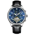 Automatische Herrenuhr mit blauem Zifferblatt, Multifunktionsanzeige und schwarzem Lederarmband. - Marineblau