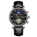 Reloj mecánico automático para hombre con esfera esquelética y correa de cuero negro. - Caja Plateada + Esfera Negra + Correa Negra