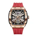 Herren Automatikuhr Skelett Zifferblatt Roségold Tonneau Gehäuse rotes Kautschuk Armband - Traumhaft Roségold