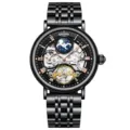 KINYUED automatische Herrenuhr mechanisch, Edelstahl schwarzes Skelett Zifferblatt Uhr. - Schwarzes Gehäuse Schwarzes Zifferblatt
