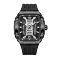 KNORVS Herren Automatik mechanische Uhr, stilvolles Tonneau Skelett Zifferblatt Gummiband. - Klassisch / Ganz Schwarz