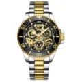 KINYUED Herren Automatikuhr Mechanische Uhr Bicolor Edelstahlband Skelett Zifferblatt - Kosmisches Gold