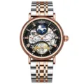 KINYUED Herren Automatikuhr Skelett Edelstahl Bicolor Mechanische Luxus Armbanduhr - Roségold Gehäuse Schwarzes Zifferblatt