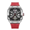 KNORVS Herren Automatik Mechanische Uhr Skelett Zifferblatt Rotes Kautschukarmband Wasserdicht - Höchstes Silber