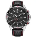 Herren automatische mechanische Sportuhr mit schwarzem Lederarmband und Chronograph Zifferblatt. - Geschenkbox / Silbernes Gehäuse Schwarzes Armband