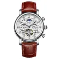 KINYUED Automatik Herrenuhr mechanisch mit echtem Lederarmband und skelettiertem Zifferblatt. - Weißes Zifferblatt Silbernes Gehäuse Braunes Armband
