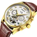 Automatisches Herren-Mechanikuhr mit goldfarbenem Gehäuse, weißem Zifferblatt und Lederarmband. - Gold Weiß